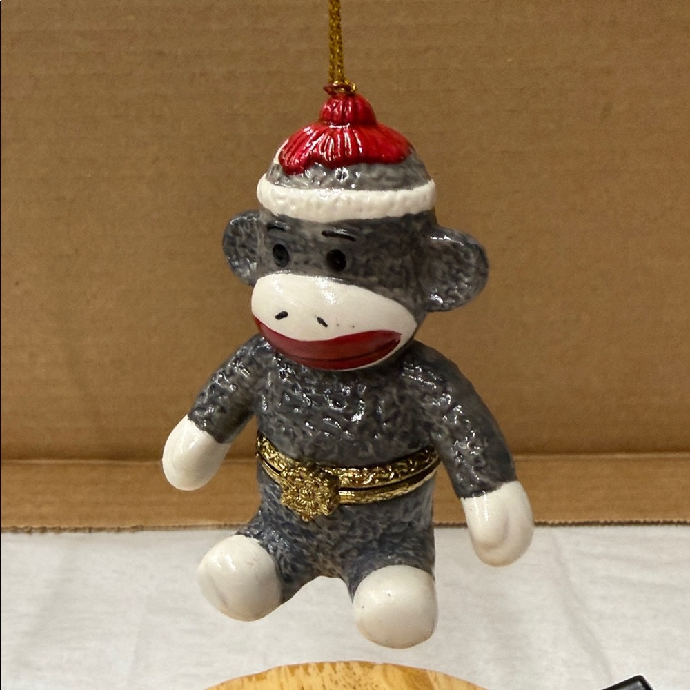 ⭐️Sock Monkey Christmas ornament that also functions as a hinged trinket box